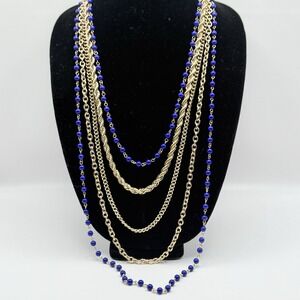 21" NWT Robert Rose Blue Bead Gold Tone Layered Chain Link Necklace Multistrand